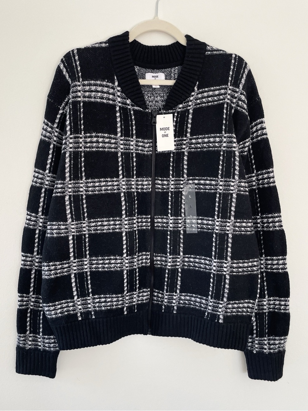 New Mode of One Men's Plaid Cardigan Sweater Zip Up Relaxed Fit Loose Knit Sz L